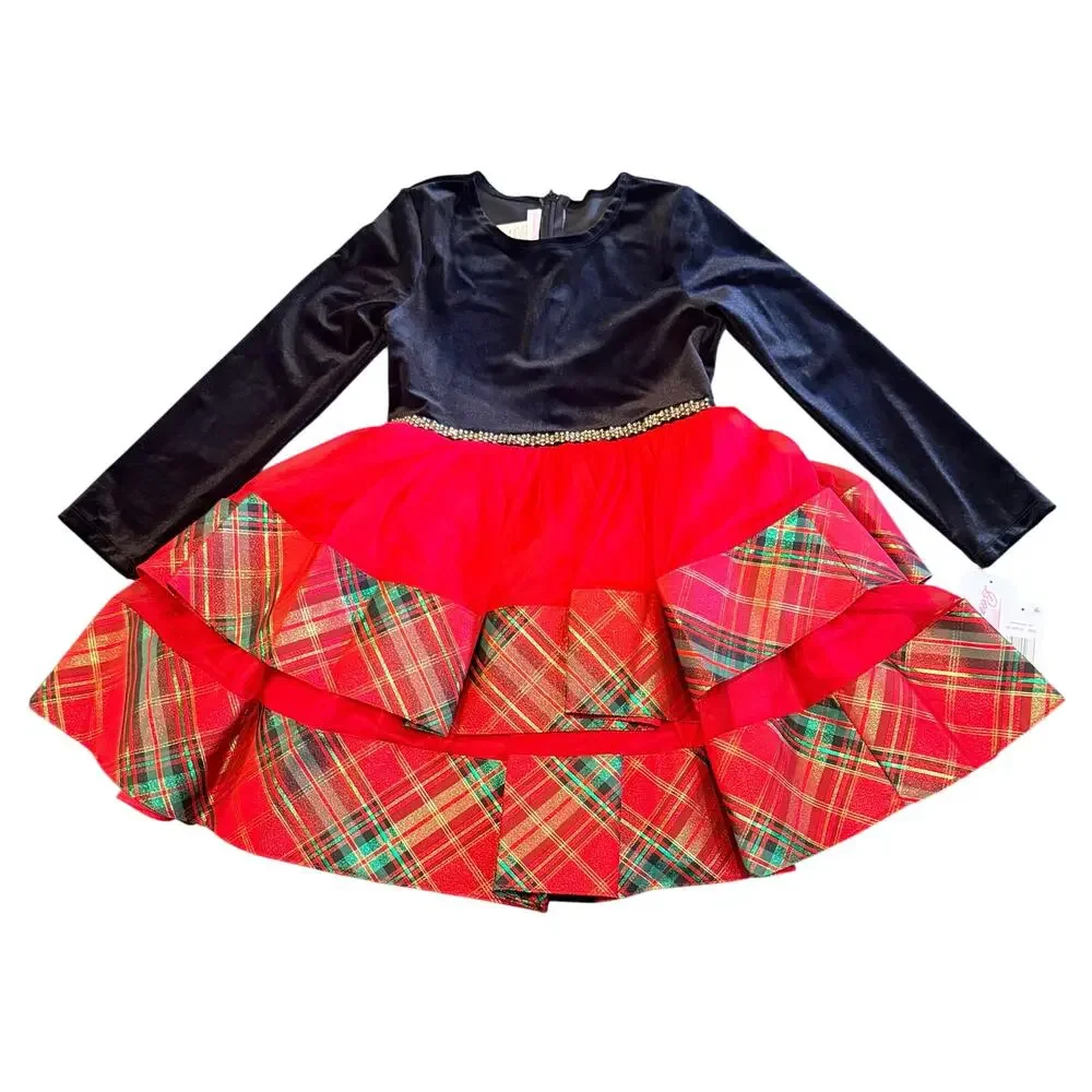 Bonnie Jean Red Velvet & Plaid Tiered Holiday Dress Girls New Christmas Size 8